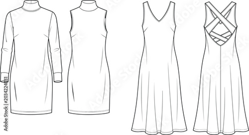 Foto Technical flat sketch set featuring long sleeve turtleneck dress sleeveless mock