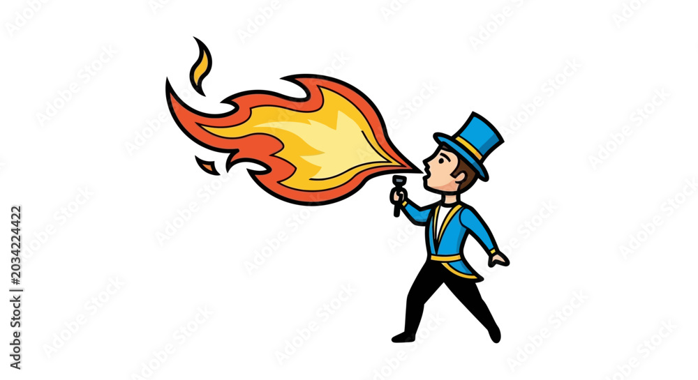 Fototapeta premium Circus Fire Breather Character Blowing Flames Cartoon Illustration Vector Art Mascot Isolated on White