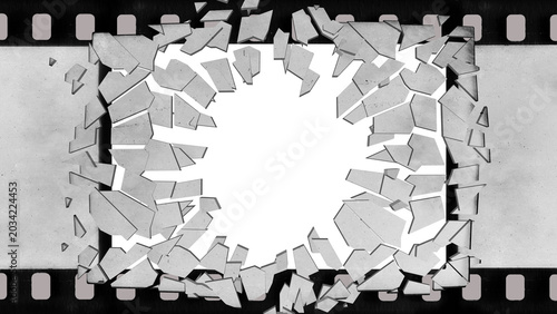 Shattered Film Frame With Cracks and Grunge Texture, Vintage Movie Reel Effect