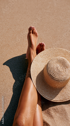 Woman relaxing on sandy beach with sun hat and bare legs in warm summer sunlight.