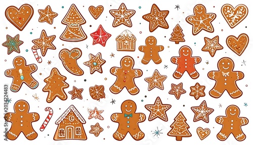Festive Decorated Gingerbread Cookies Arranged on White Background