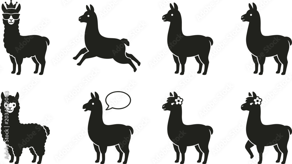 Fototapeta premium Cute llama silhouette collection, alpaca animal vector illustrations, playful farm character icons for branding and decoration design projects