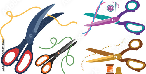 Bild auf Leinwand Colorful Sewing Scissors Icon Set with Tailoring Tools Thread Spools Buttons and