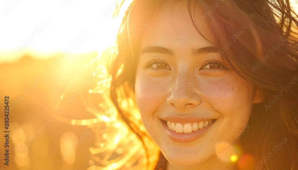 Fototapeta premium Glowing smile in golden hour sunlight