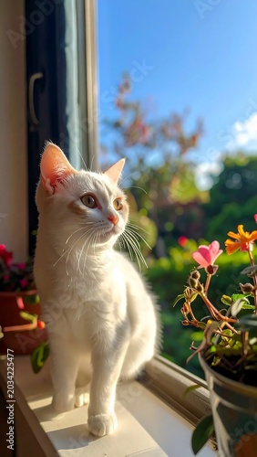 Curious White Kitten Standing on Sunny Windowsill Beside Blooming Houseplants