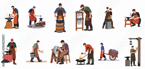 Bild auf Leinwand Collection of professional blacksmith characters in various poses working with metal, fire, and tools in a traditional forge setting, flat vector illustration