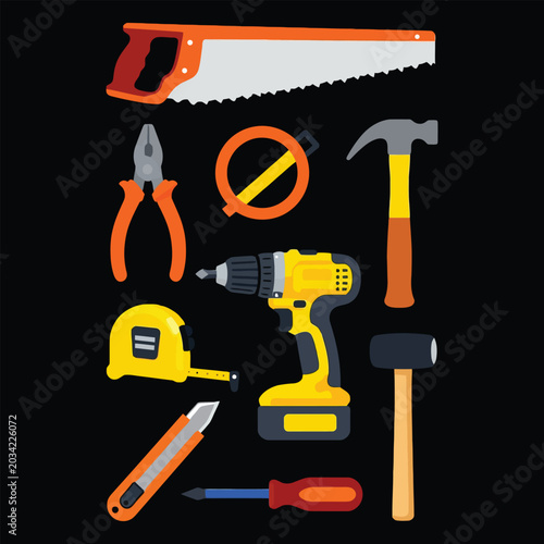 Isolated Construction and Repair Tools Icon Set with Cordless Drill Handsaw Pliers Hammer and Tape Measure Cartoon Style Vector