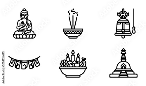 Tableau sur toile Buddhist Icons Set: Buddha, Incense, Bell, Prayer Flags, Offering Bowl, Stupa, V
