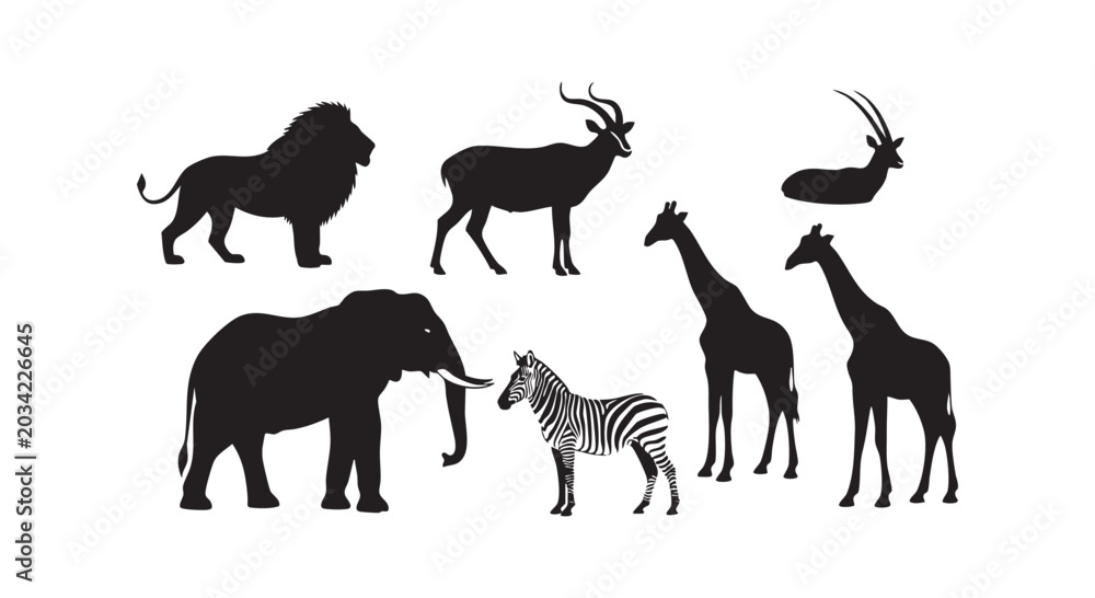 Fototapeta premium African safari animal silhouettes including lion elephant giraffe zebra and antelope.