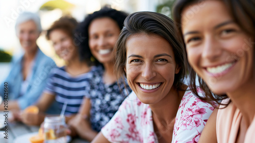 Close-up of cheerful women sitting around a table smiling at the camera, female group portrait concept, women gathering photography, social lifestyle, defocused background, with