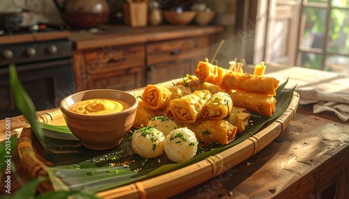 Golden Crispy Spring Rolls Arranged on Banana Leaf Platter in Rustic Sunlit Kitchen