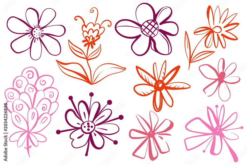 Fototapeta premium Set features colorful sketch flower icons isolated on a white background. This vibrant collection of abstract retro botanical illustrations is perfect for custom stickers, summer greeting cards.