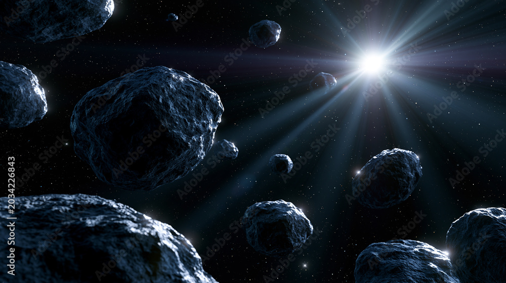 Obraz premium Close view of asteroid in space with bright star light illuminating cosmic scene and floating rocks.