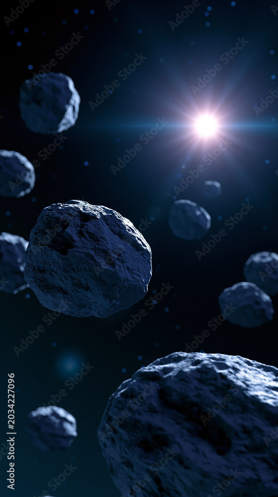 Obraz premium Asteroids floating in outer space illuminated by bright star light creating dramatic cosmic scene.
