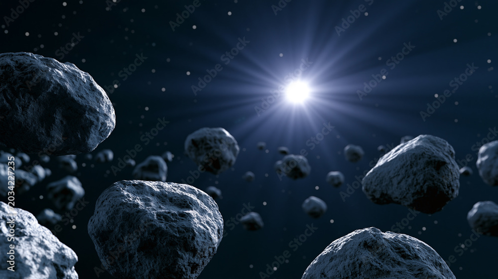 Obraz premium Asteroid field in deep space with bright star illuminating floating rocky bodies in cosmic environment.