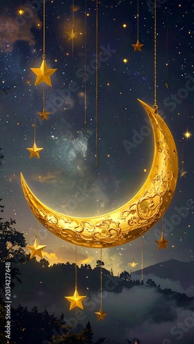 Golden crescent moon with stars in twilight sky