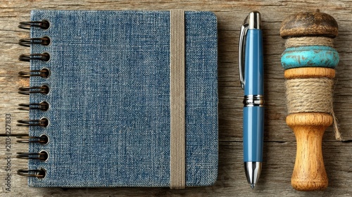 Notebook pen and wooden stamp on a rustic wooden surface.