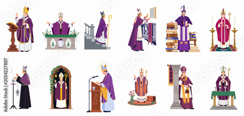 Photos A comprehensive collection of vector illustrations depicting a Catholic bishop in purple vestments performing diverse liturgical services and religious duties