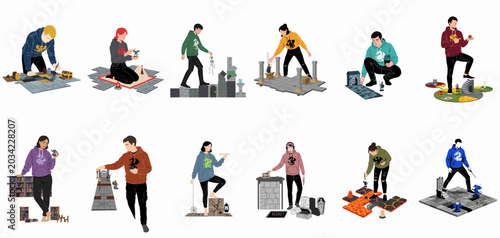 Obraz na płótnie Flat vector illustrations of diverse people engaged in tabletop role-playing games, building fantasy worlds, painting miniatures, and using dungeon tiles and dice
