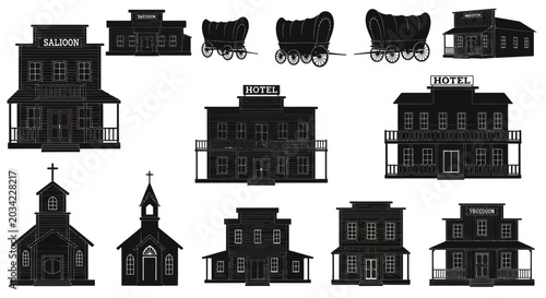 Cuadro en lienzo Wild West Town Vector Collection: Saloon, Hotel, Church, Wagon