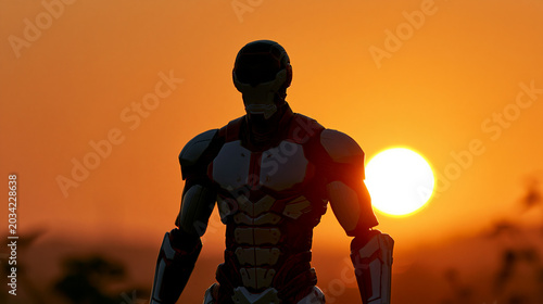 Silhouette of futuristic humanoid robot walking at sunset with dramatic orange sky and sun on horizon.