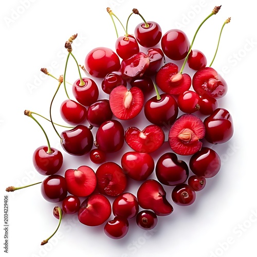 Fresh red cherries, some whole, some halved