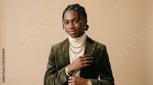 A young man in a green velvet suit with gold chains and a white turtleneck, standing against a beige background.