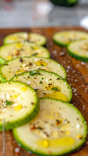 Seasoned Fresh Zucchini Slices Arranged on Wooden Cutting Board