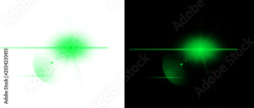 Green lens flare optical effect, glowing anamorphic light leak on black and white background, bright neon laser beam for cinematic overlay