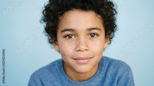 A young boy with curly hair wearing a blue sweater, standing against a light blue background.