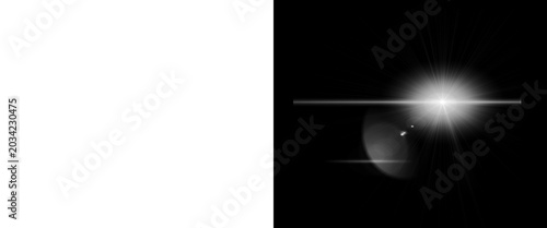 Anamorphic lens flare with horizontal light streak, bright white optical sun burst on black background, cinematic glowing star effect