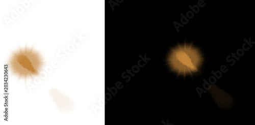 Golden optical lens flare, warm sunburst light effect on black and white background, glowing starburst element for photo editing and design