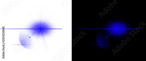 Blue anamorphic lens flare effect, glowing optical light leak on black and white backgrounds, cinematic starburst beam for photo editing