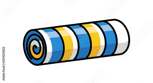 Rolled up beach towel with blue, white, and yellow stripes for summer fun.