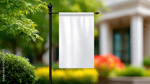 Blank White Outdoor Banner on Metal Pole