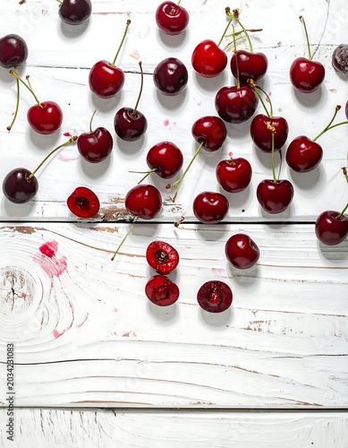 Fresh, ripe cherries scattered on a wooden surface