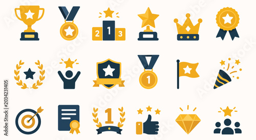 Картината върху платно Trophy Collection: A vibrant set of icons representing achievement and success, featuring trophies, medals, podiums, crowns, and stars, celebrating victory and recognition