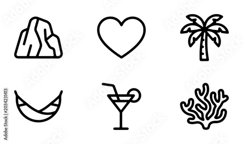 Bild auf Leinwand Summer Vacation Icons: Tropical Beach, Mountain, Heart, Cocktail, Hammock, Coral