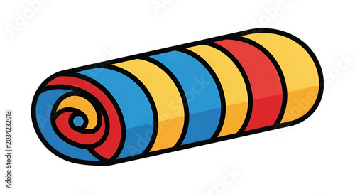 Brightly colored rolled up sleeping bag with red, yellow, and blue stripes.