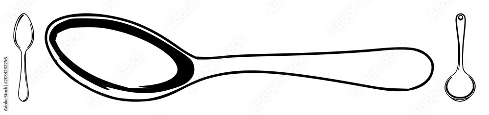 Obraz premium Spoon set with black line art on white background featuring utensil, kitchenware, dining with minimalist and outline design