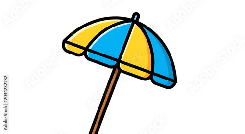 A colorful beach umbrella with alternating yellow and blue panels protects from the sun.