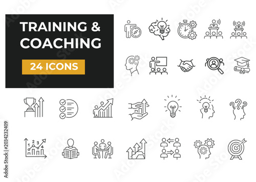 Training and coaching line icon set. Editable Stroke. Coach, mentoring, conference, motivation, potential, mentor, skill - stock vector