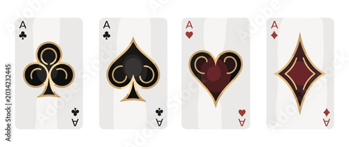 Four playing cards showing the ace of clubs spades hearts and diamonds with stylized black and dark red suits outlined in gold on a light gray background with subtle white wavy patterns