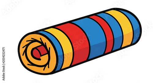 A colorful rolled up mat with red, blue, and yellow stripes is shown from the side.