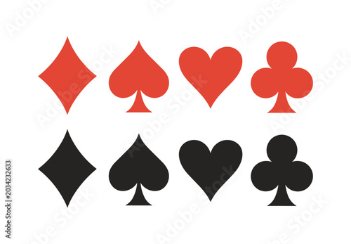 Set of eight playing card suit symbols including diamond spade heart and club in red and black flat colors arranged in two horizontal rows on a white background