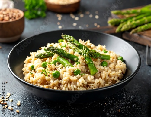 Fresh Asparagus Risotto Served in Black Bowl on Dark Rustic Table