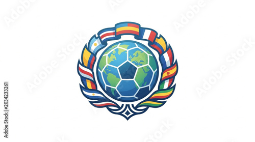 Konstfotografi Soccer ball emblem with flags of the world and laurel wreath.