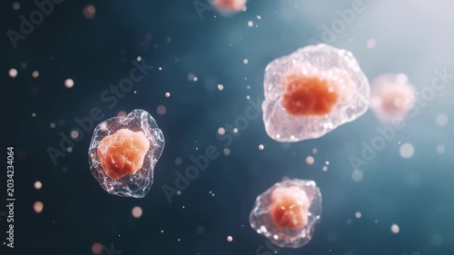 Closeup microscopic immune cells floating translucent membranes and orange nuclei surrounded by tiny particles, soft bokeh teal background, slow motion medical animation for immunology research
