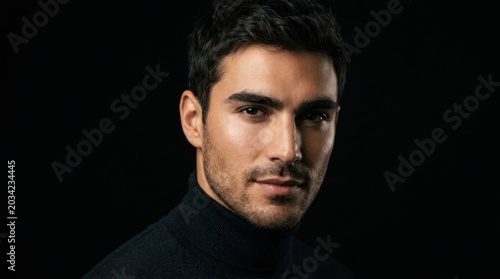 A man in a black turtleneck sweater against a black background.