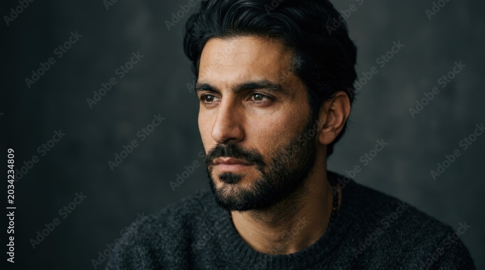 Fototapeta premium A man with dark hair and beard, wearing a dark sweater, looking off into the distance against a dark background.